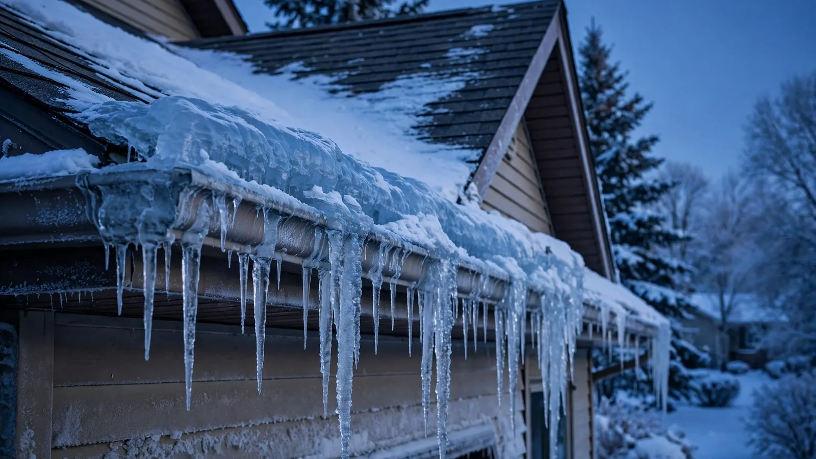 Ice dam and icicles along the eaves of a Bloomington, MN home
