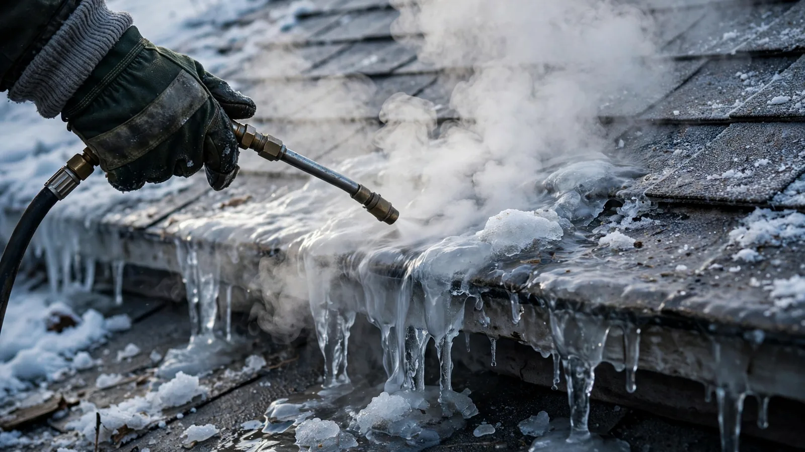 Provider using steam equipment to remove an ice dam in Bloomington, MN